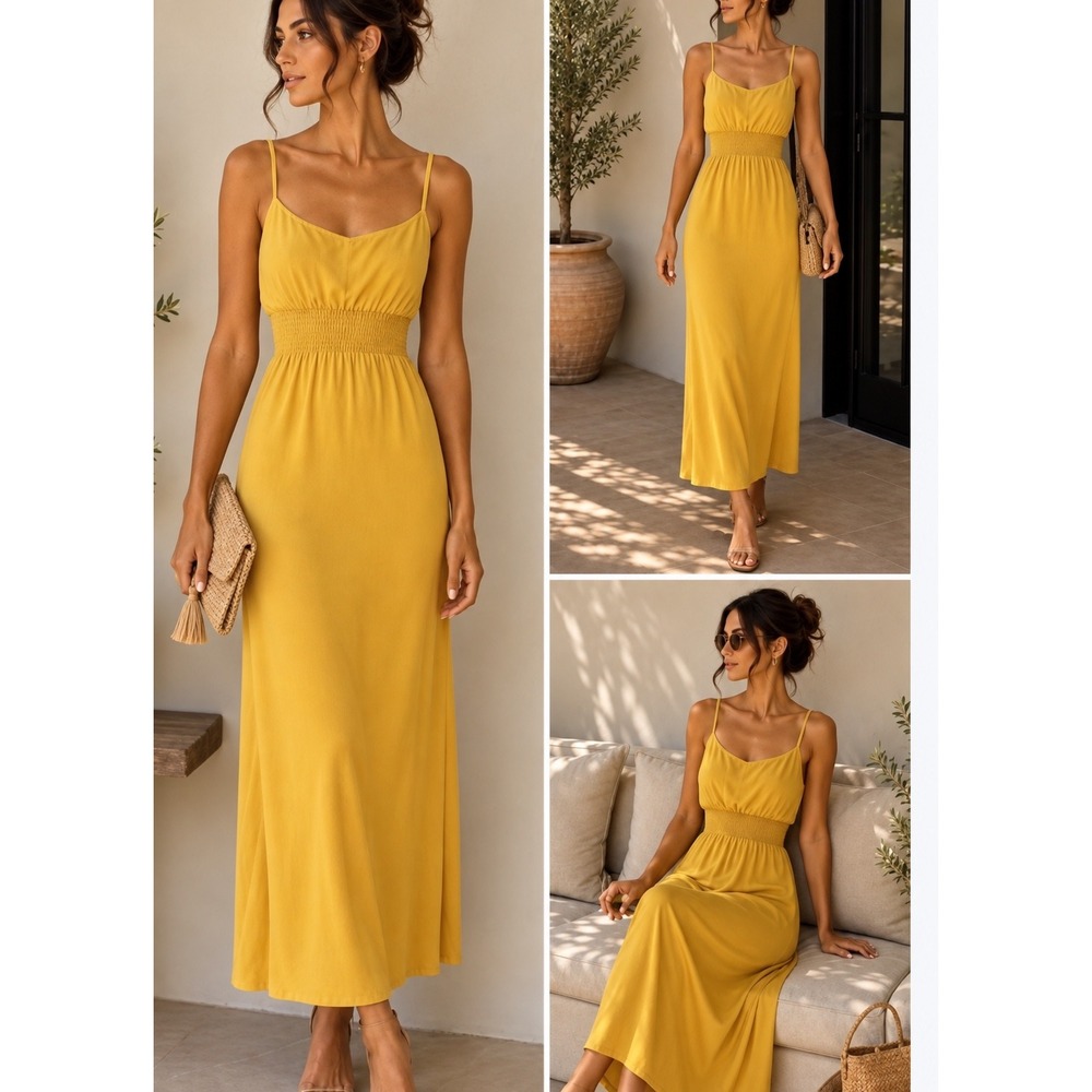 Theory mustard Yellow Silk Rib WB Maxi Dress Spaghetti Strap K0402601 Small